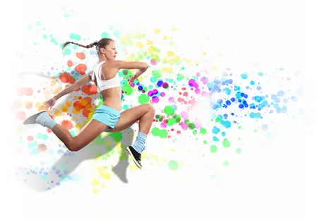 Image of sport girl in jump against color spot background