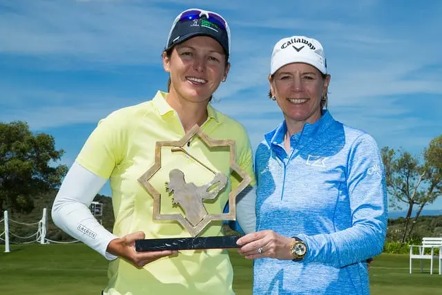 20/05/2019. Ladies European Tour 2019. La Reserva de Sotogrande Invitational, La Reserva Club de Sotogrande, Sotogrande. Spain 16-19 May 2019. Celine Herbin of France with her trophy and Annika Sorenstam, Host of the tournament. Credit: Tristan Jones