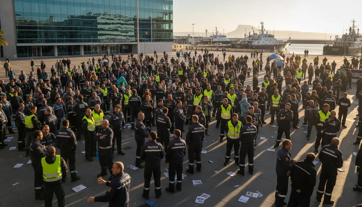  Protesta en Algeciras para reconocer a Vigilancia Aduanera como profesi&oacute;n de riesgo en 2024 - Imagen generada por IA 