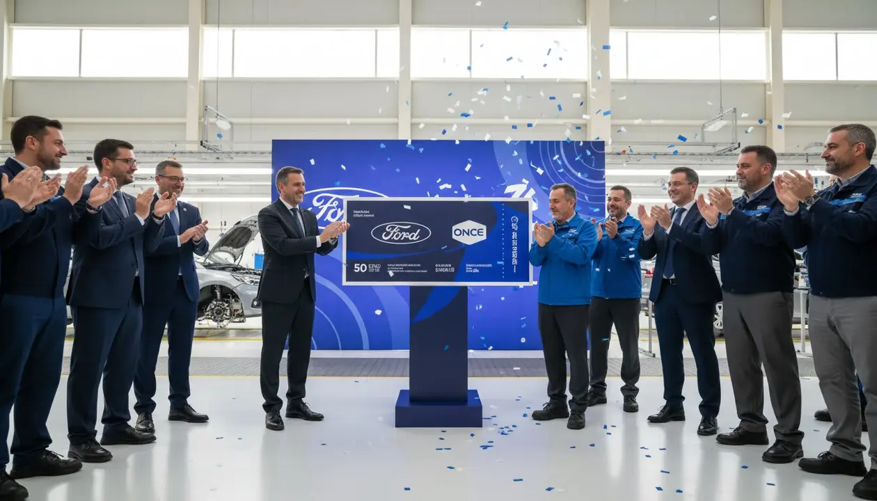 Cup&oacute;n conmemorativo de Ford y la ONCE por los 50 a&ntilde;os de Almussafes &mdash; Imagen generada por IA