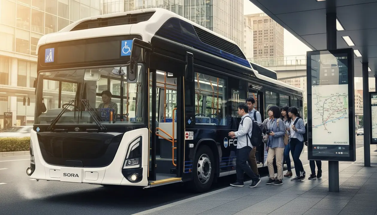 Autob&uacute;s de hidr&oacute;geno Toyota Sora con 299 CV, 70 pasajeros y repostaje en 10 minutos &mdash; Imagen generada por IA