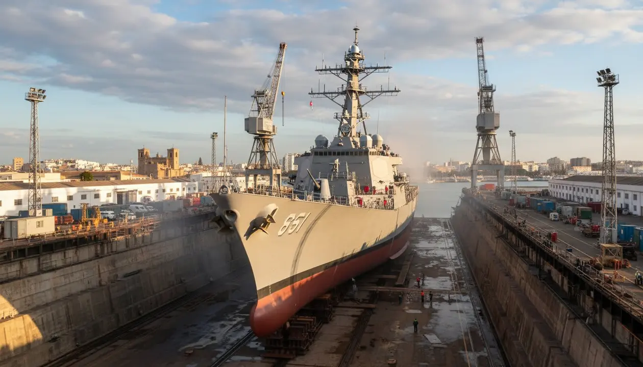  El destructor USS Arleigh Burke entra en dique seco en Navantia C&aacute;diz - Imagen generada por IA 