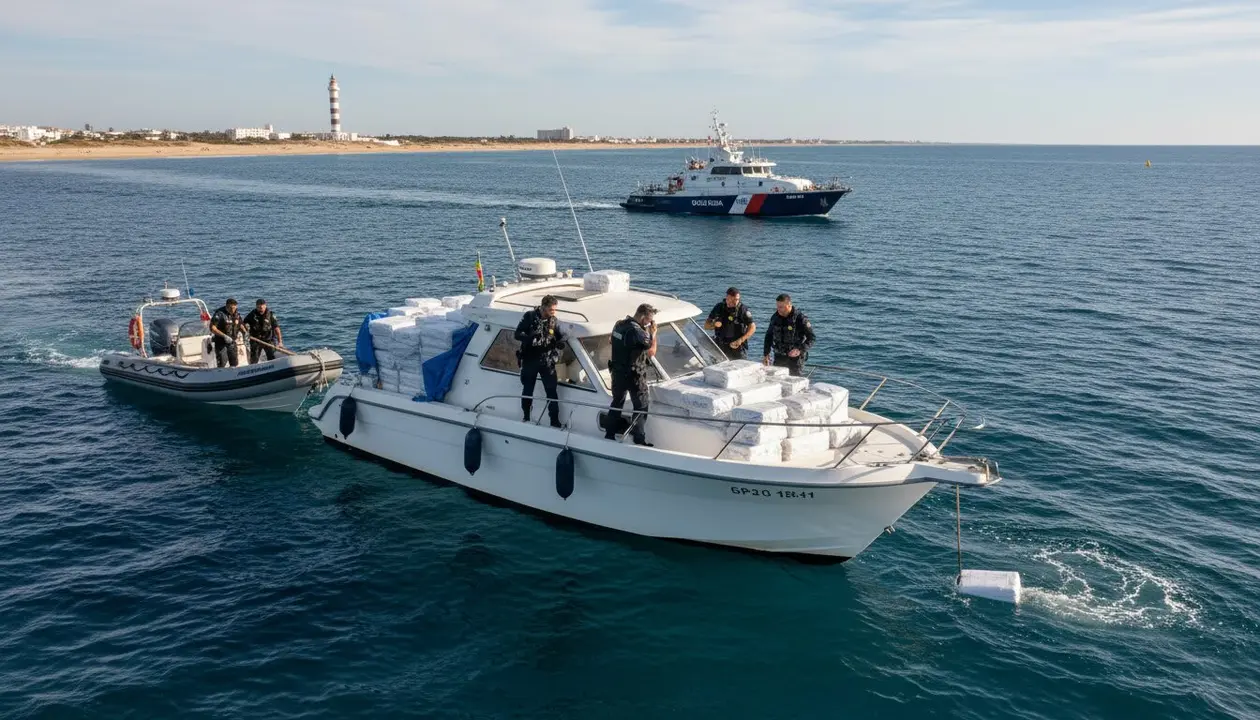  Guardia Civil incauta 1.015 kilos de coca&iacute;na en una barca recreativa en aguas de Chipiona - Imagen generada por IA 