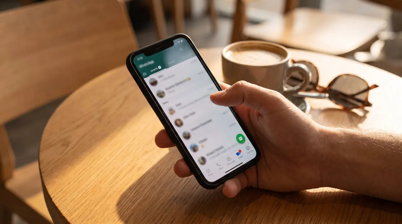  WhatsApp recupera el desenfoque gradual en la barra de navegaci&oacute;n de chats para iPhone - Imagen generada por IA 