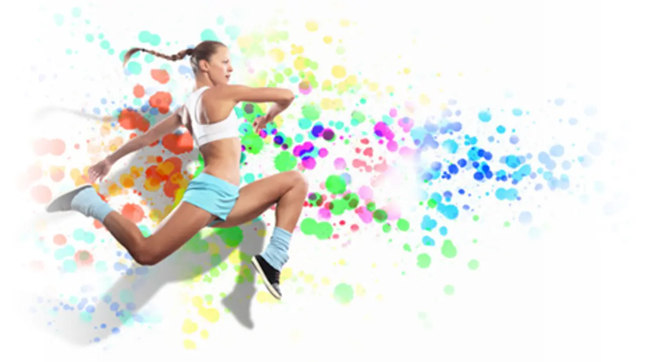 Image of sport girl in jump against color spot background