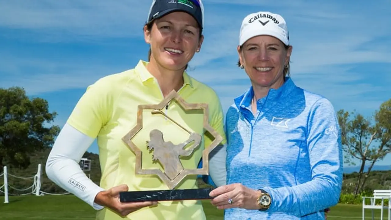 20/05/2019. Ladies European Tour 2019. La Reserva de Sotogrande Invitational, La Reserva Club de Sotogrande, Sotogrande. Spain 16-19 May 2019. Celine Herbin of France with her trophy and Annika Sorenstam, Host of the tournament. Credit: Tristan Jones