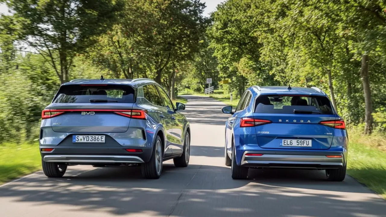  BYD Atto 3 Evo frente al Skoda Elroq 85: comparativa de SUV el&eacute;ctricos europeos y chinos - Imagen generada por IA 
