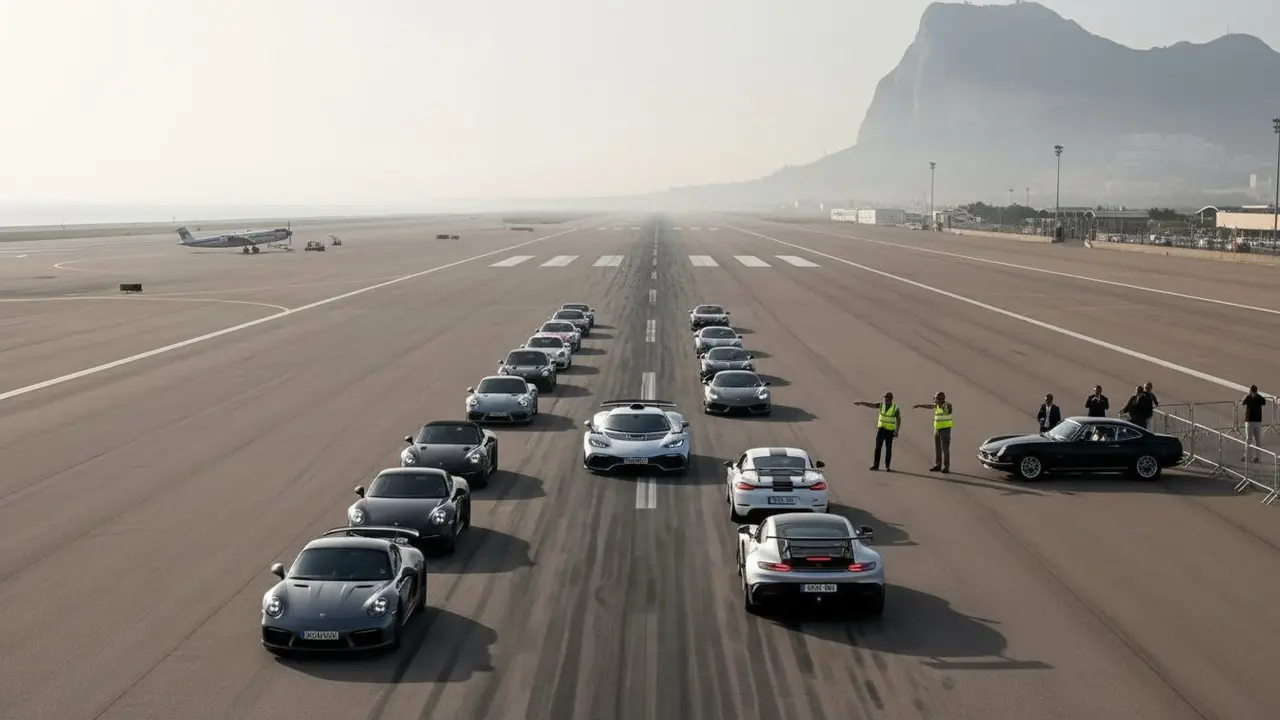 70 coches exclusivos se re&uacute;nen en la pista del Aeropuerto de Gibraltar &mdash; Imagen generada por IA