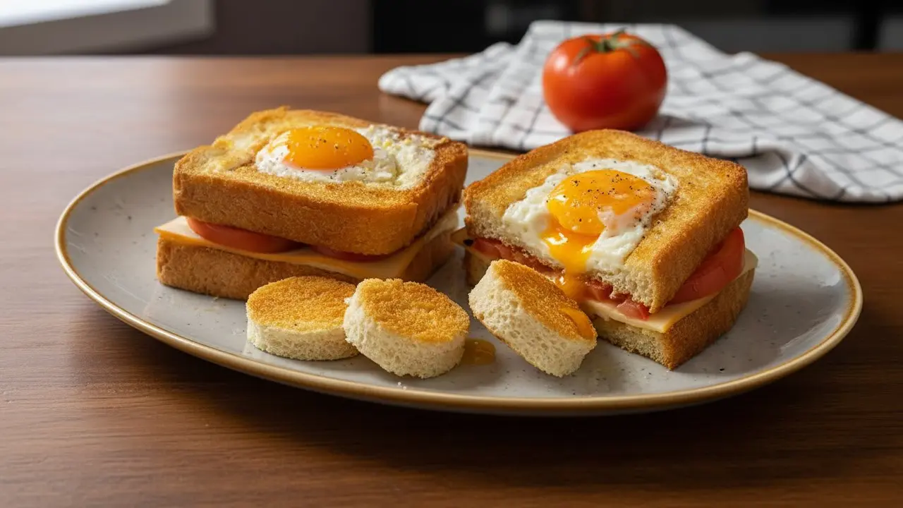  S&aacute;ndwich de huevo frito estilo bar con pan dorado, queso fundido y yema cremosa - Imagen generada por IA 