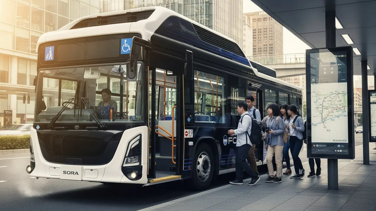 Autob&uacute;s de hidr&oacute;geno Toyota Sora con 299 CV, 70 pasajeros y repostaje en 10 minutos &mdash; Imagen generada por IA