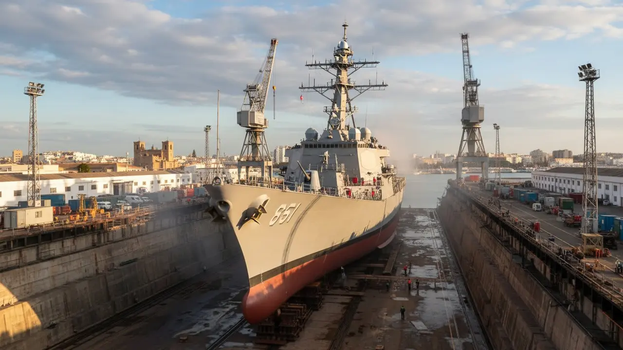 El destructor USS Arleigh Burke entra en dique seco en Navantia C&aacute;diz - Imagen generada por IA 
