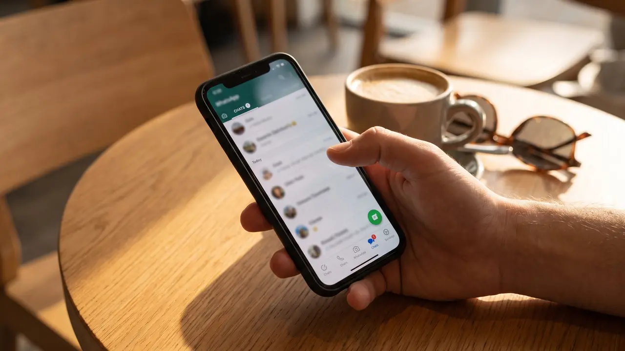  WhatsApp recupera el desenfoque gradual en la barra de navegaci&oacute;n de chats para iPhone - Imagen generada por IA 